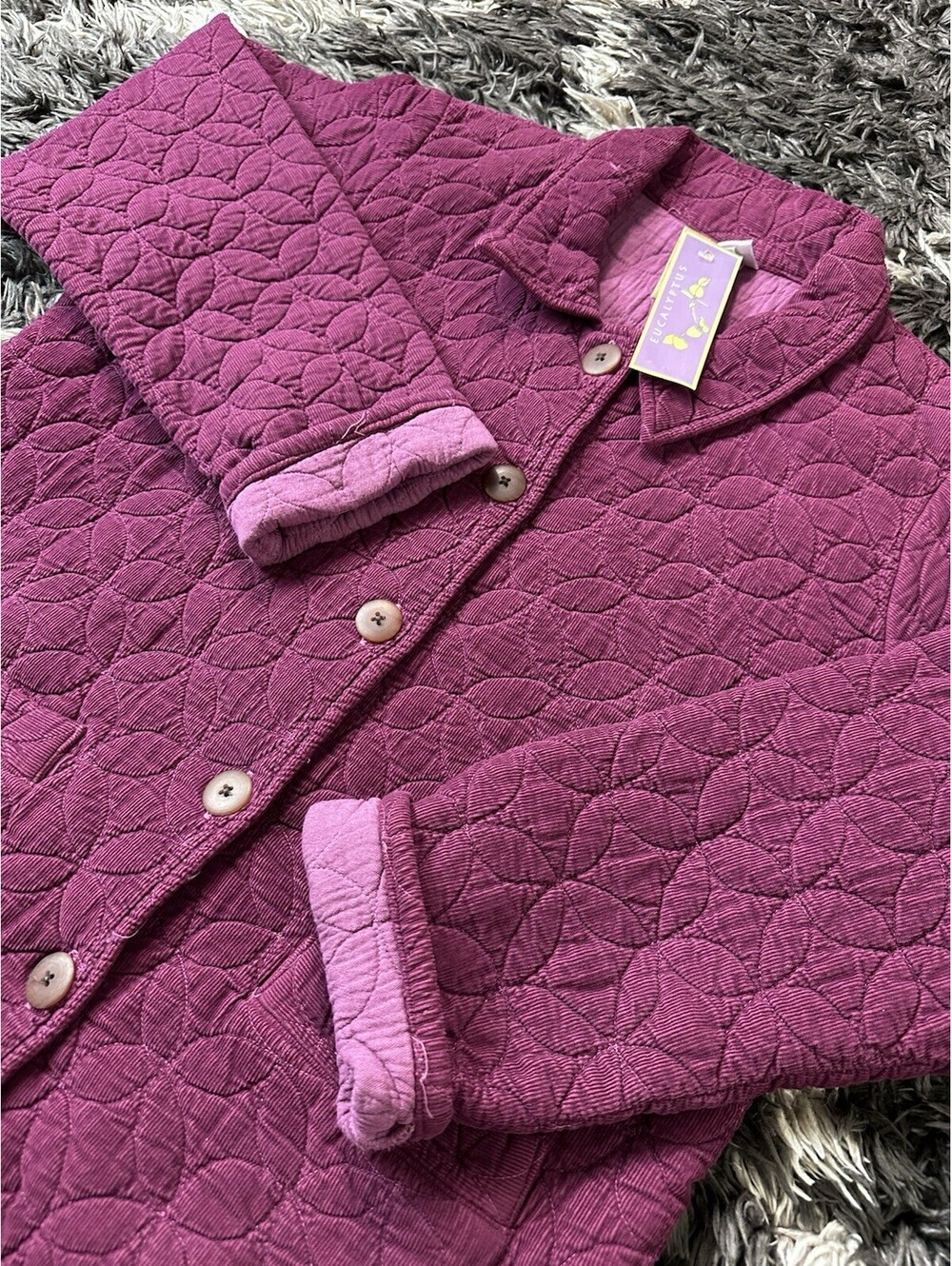 NWT Eucalyptus Womens Quilted Corduroy Button Up Jacket Purple Handcrafted Large